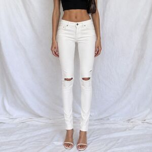 Vintage White Petite Destroyed Distressed Ripped Knee Skinny Denim Jeans Size XS